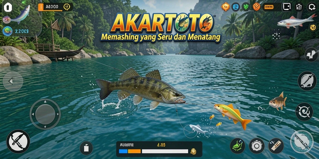 Tangkapan ikan yang megah dalam AKARTOTO dengan latar belakang alam yang indah.