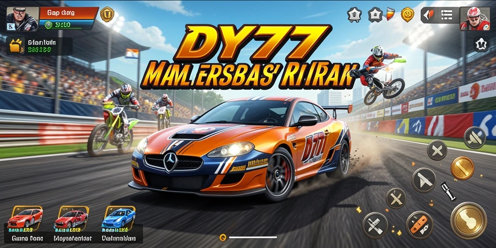 Gameplay seru DY777 dengan mobil balap dan trek yang menantang.