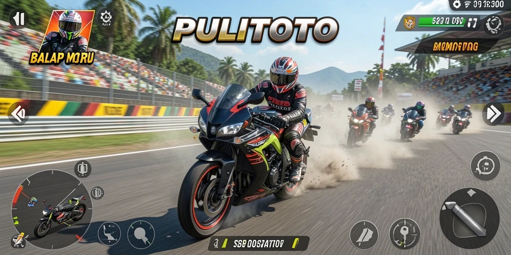 Screenshot gameplay PULITOTO menampilkan aksi balap motor yang mendebarkan.