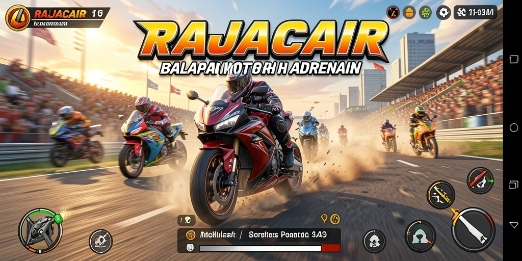 Tangkapan layar gameplay RAJACAIR menampilkan balapan motor yang mendebarkan.
