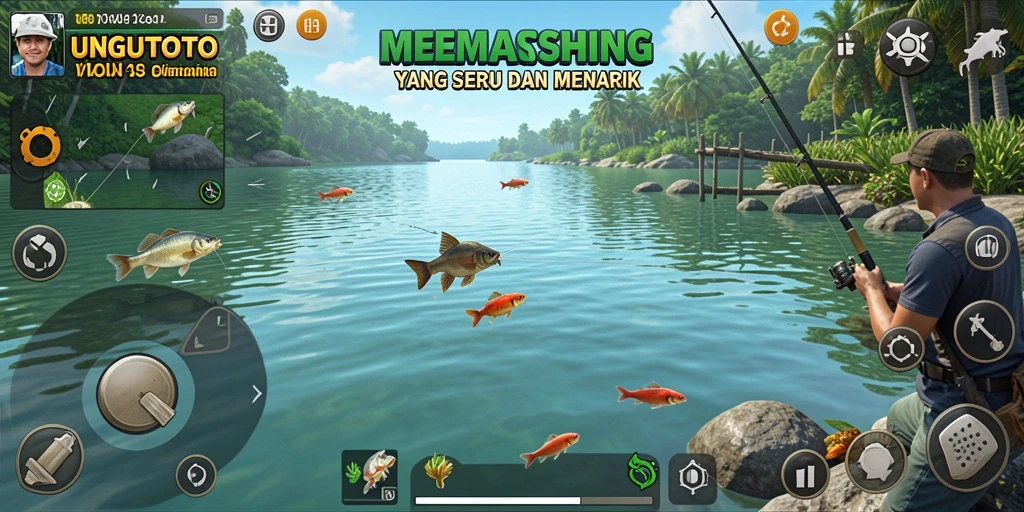 Screenshot utama UNGUTOTO menampilkan pemain yang menarik ikan besar di lokasi memancing yang indah.